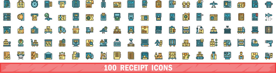 Poster - 100 receipt icons set. Color line set of receipt vector icons thin line color flat on white
