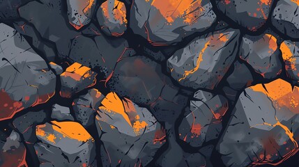 Abstract digital art of a rocky surface with vibrant orange hues.