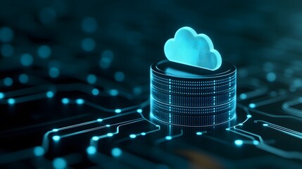 Digital cloud storage technology concept with a glowing cloud icon and data circuitry in a futuristic blue color theme.