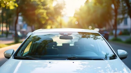 Wall Mural - Sedan car driving on city street during golden hour sunset