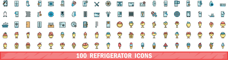 Poster - 100 refrigerator icons set. color line set of refrigerator vector icons thin line color flat on whit