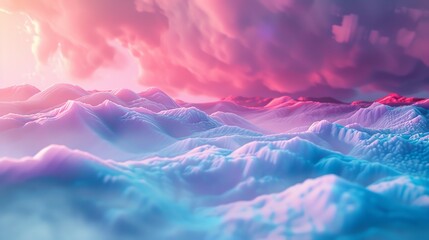 Abstract landscape with vibrant pink and blue clouds over a mountain range.