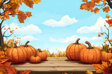 Wall Mural - Autumn composition of three pumpkins for Halloween with funny faces and smiles in nature in forest on carpet of yellow and orange dry leaves.