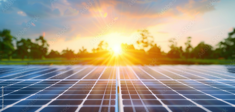 Sunset over solar panels in a green field, showcasing renewable energy ...