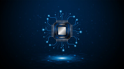 Leinwandbilder - Microchip processor circuit board technology on dark blue background. Information Processing Concept. Circuit board hi-tech technology background. vector illustration	