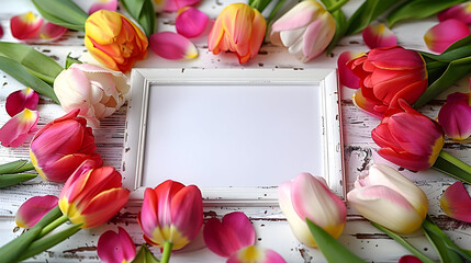 Poster - Colorful Tulips Surrounding White Frame Photo