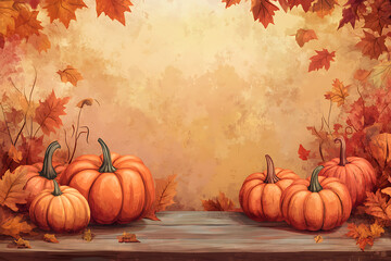 Wall Mural - Autumn composition of three pumpkins for Halloween with funny faces and smiles in nature in forest on carpet of yellow and orange dry leaves.