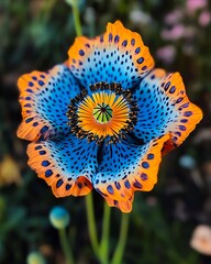 Wall Mural - A blue and orange flower with a yellow center in a field of flowers