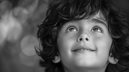 black and white portrait of boy with curls close-up. dreams concept