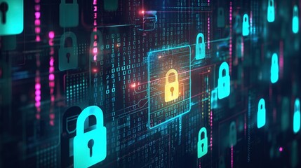 Poster - digital illustration of interconnected blue circles containing yellow lock icons in grid pattern. la