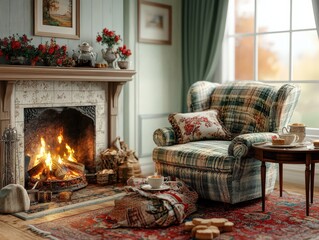 Cozy Living Room with Fireplace, Armchair, and Tea Setup - Warm and Inviting Interior Design for Relaxation