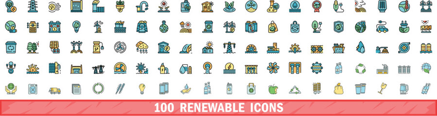 Poster - 100 renewable icons set. Color line set of renewable vector icons thin line color flat on white