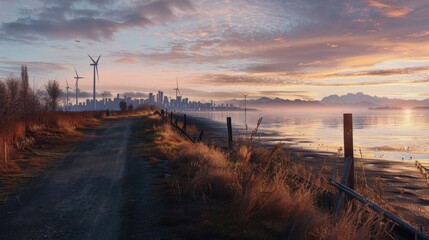 Wall Mural - A road with a fence on the side and a city in the background