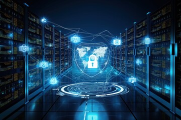 Secure digital data storage technology protects global business network servers from cyber threats, information breaches. Cyber security tech safeguards online transactions, confidential information.