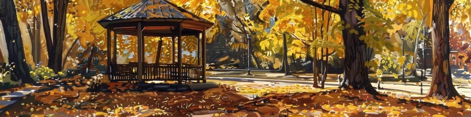 Poster - Autumn Yellow Leaves in 21st Century Forest and Plaza Landscape with Gazebo