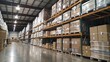 © Javid - Large Warehouses with Rows of Stacked Boxes in Industrial Settings. AI generated image