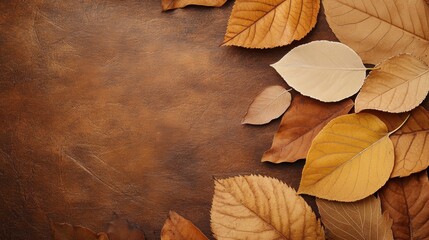 Wall Mural - A rustic brown background with a border of dried leaves in various shades of brown and yellow. Perfect for fall-themed designs.