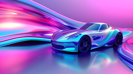 Wall Mural - Futuristic Sports Car 3D Render - Blue & Purple Holographic Background