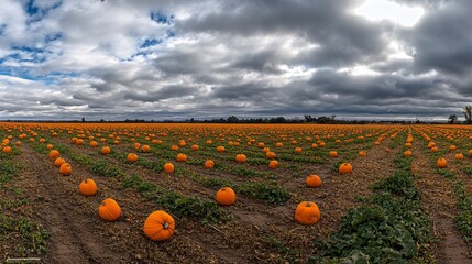 A panoramic view of a vast pumpkin field during harvest season, with rows of orange pumpkins