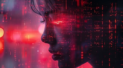 Poster - Woman Silhouette With Digital Abstract Background in Red Light at Night