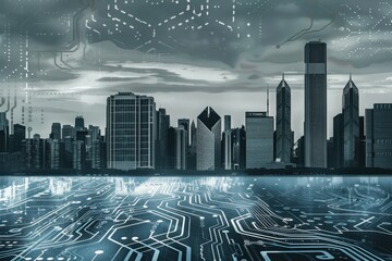 Futuristic digital circuit board with city skyline silhouette in the background with dark grey sky, with white and blue accents Generative AI