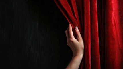 Background with red velvet curtain fabric and hand. black background