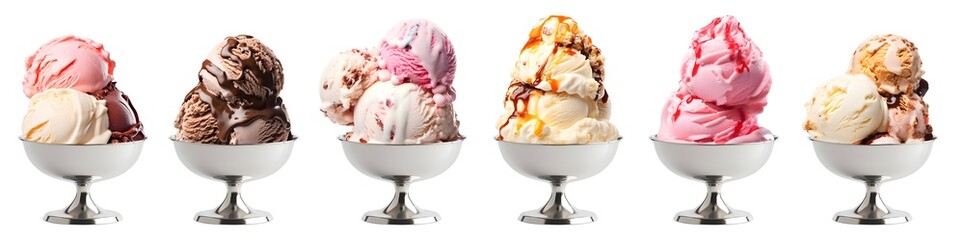 Ice cream double triple scoop, classic flavour set on retro metal stainless steel dessert bowl on transparent background cutout, PNG file. Many different flavour Mockup template for artwork design