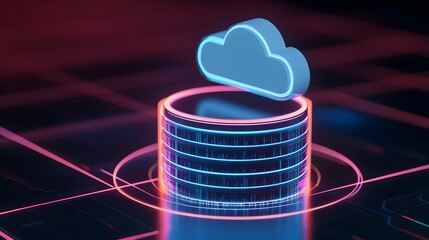 Futuristic cloud computing concept with a neon-glowing server and cloud icon, representing data storage and digital technology.