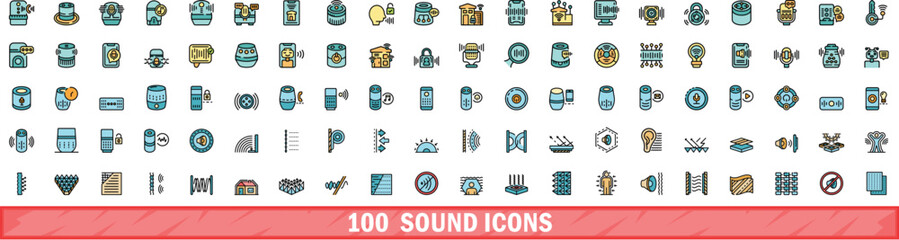 Poster - 100 sound icons set. Color line set of sound vector icons thin line color flat on white