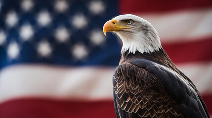 A majestic American Bald Eagle is prominently displayed against the backdrop of the American flag, symbolizing freedom and patriotism, with rich colors and sharp details.