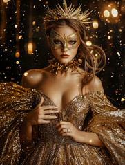 A woman in a gold dress with a mask on her face