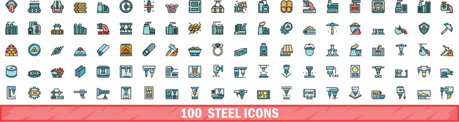 Poster - 100 steel icons set. Color line set of steel vector icons thin line color flat on white