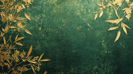 Poster - Golden Leaves on Green Background