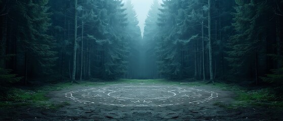 Sinister forest clearing, occult markings, sense of terror, dark and eerie