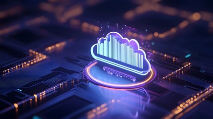 Poster - futuristic cloud computing concept with glowing neon lights, representing data storage and technolog
