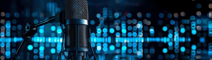 Condenser microphone with equalizer bars on a deep navy background, podcast banner illustration