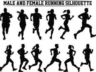 Male and female Running Silhouette. Runner silhouette set of sprinters, runners and joggers running track or jogging. People silhouettes in outline. Women and men, male and female athletes racing.