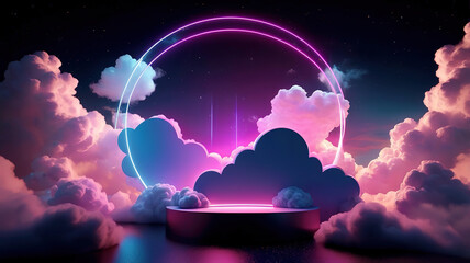 Poster - abstract cloud illuminated with neon light dark night ring on sky glowing frame