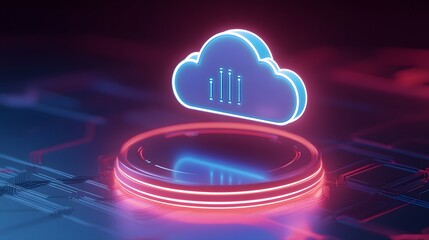 Poster - Futuristic cloud computing concept with neon lights, digital data storage symbol on a glowing platform, dark blue and red background.