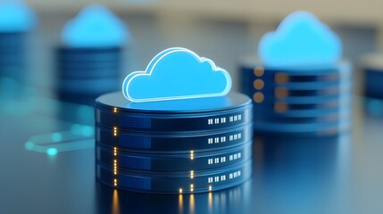 Poster - Futuristic cloud computing data storage concept, featuring glowing blue cloud icons on server stacks in a modern tech environment.