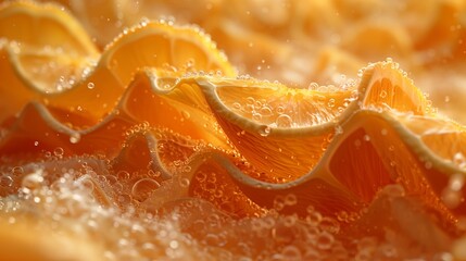 Wall Mural - Freshly Cut Orange Slices Floating in Sparkling Water With Bubbles in Bright Natural Light