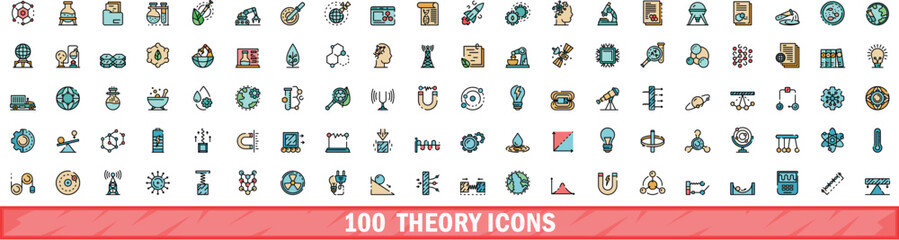 Poster - 100 theory icons set. Color line set of theory vector icons thin line color flat on white