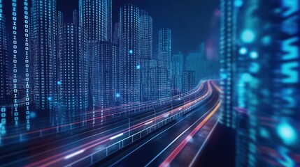 Poster - Abstract highway path through digital binary towers in city. Big data concept with hyper loop technology, AI, machine learning, virtual reality, high speed network.