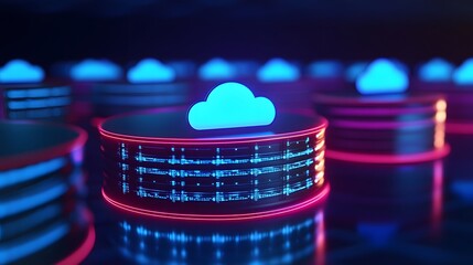 Poster - Futuristic cloud computing server with neon lights, representing digital data storage and technology advancements in a modern setup.