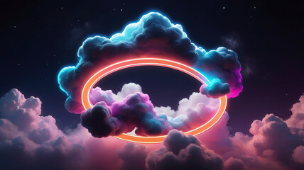 Poster - abstract cloud illuminated with neon light dark night ring on sky glowing frame