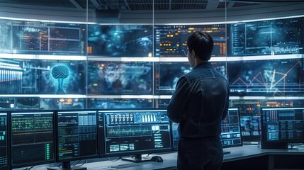 Poster - technical operator stands in control room monitoring various activities on multiple displays. admini