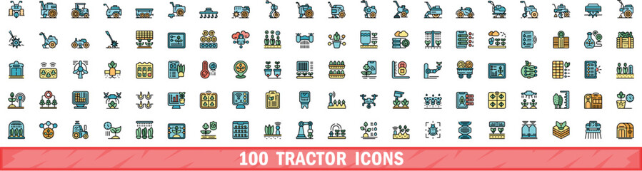 Poster - 100 tractor icons set. color line set of tractor vector icons thin line color flat on white