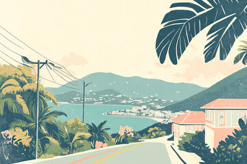 Canvas Print - Risograph vintage riso print travel poster, card, wallpaper or banner illustration, modern, isolated, clear, simple of Road Town, British Virgin Islands