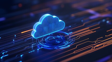 Poster - Futuristic cloud computing technology concept with glowing blue digital cloud icon on a high-tech circuit board background.