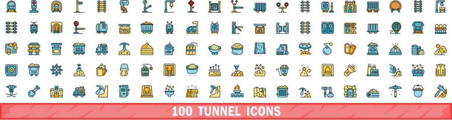 Wall Mural - 100 tunnel icons set. Color line set of tunnel vector icons thin line color flat on white